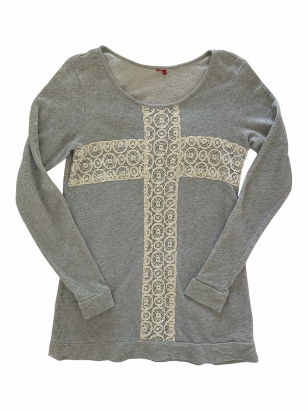 Gray Cream Lace Tunic Top Womens Small Terry Long Sleeves Lightweight Pullover